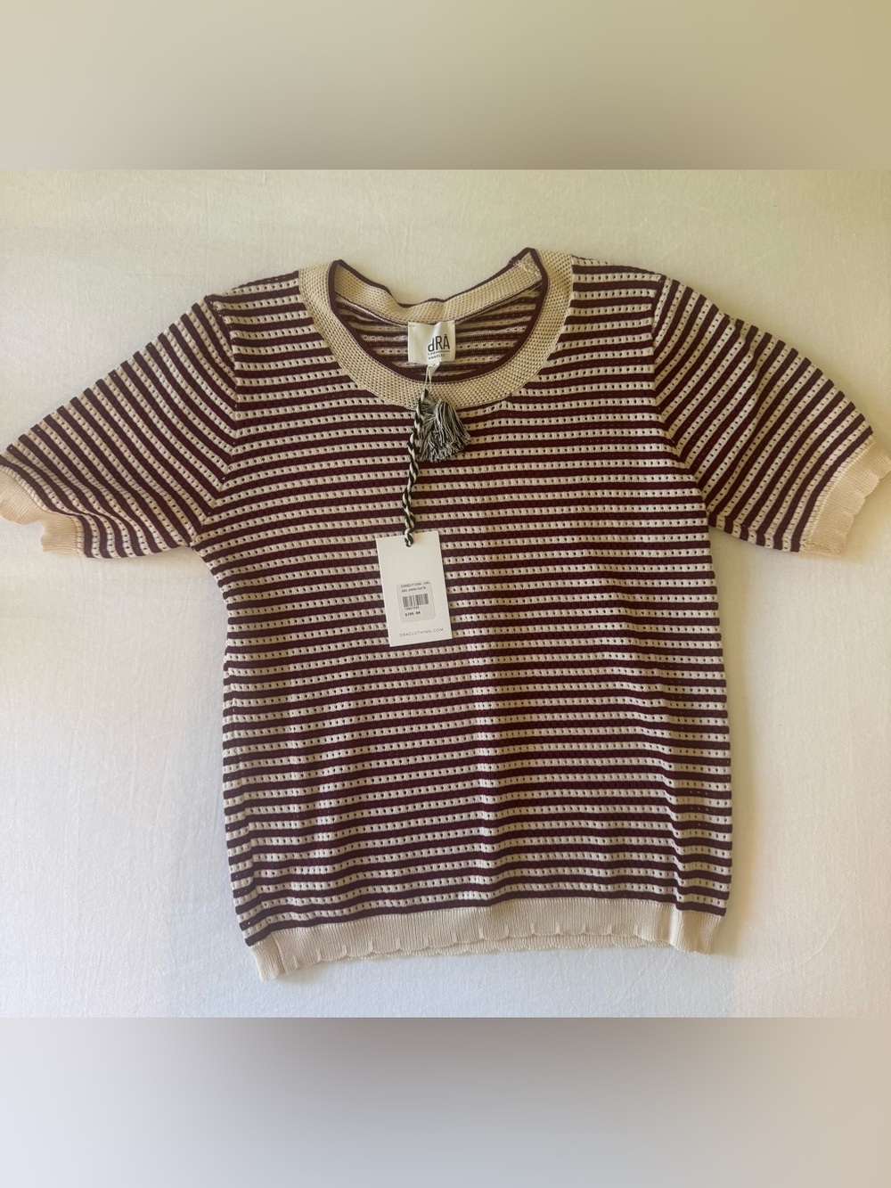 dRA Short-Sleeve Striped Sweater Top in Burgundy and Cream
